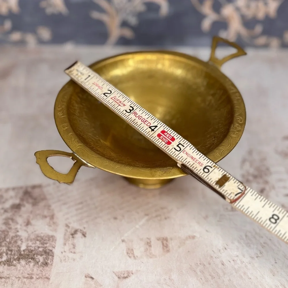 Antique Style Brass Pedestal Bowl w Handles Etched Footed Dish